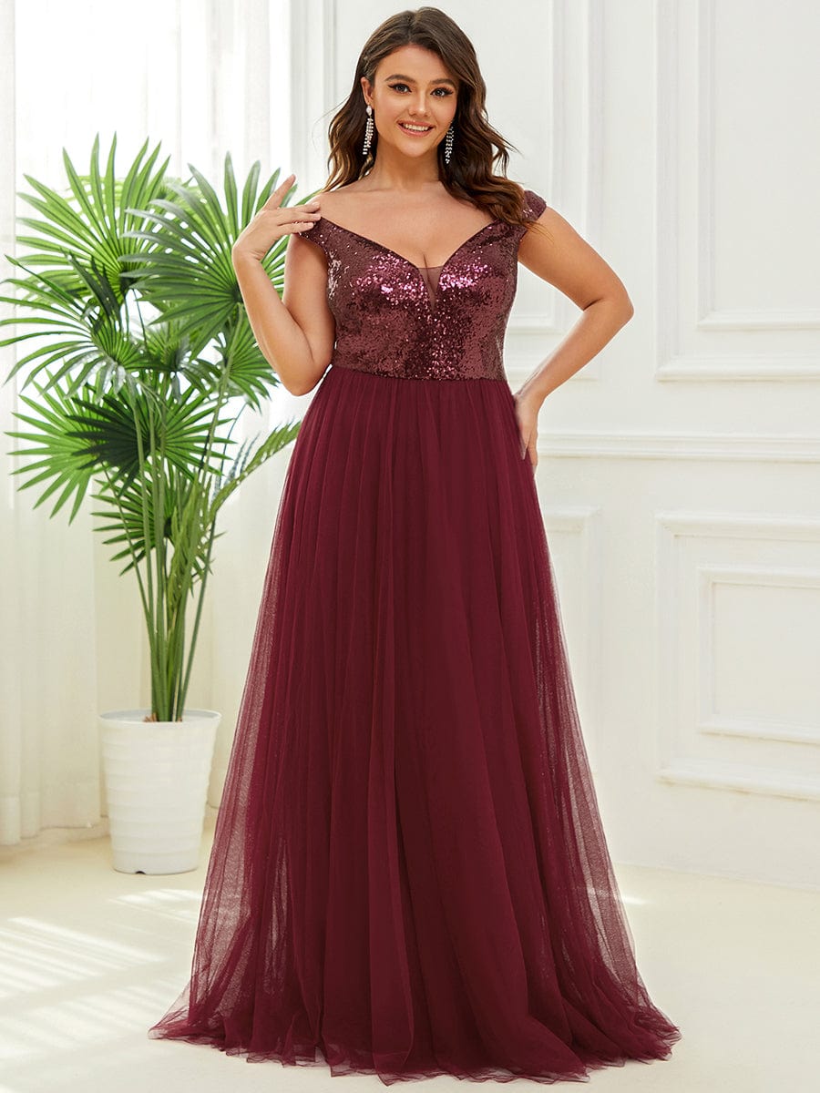 Plus Size Stunning High Waist Tulle & Sequin Sleeveless Evening Dress #color_Burgundy