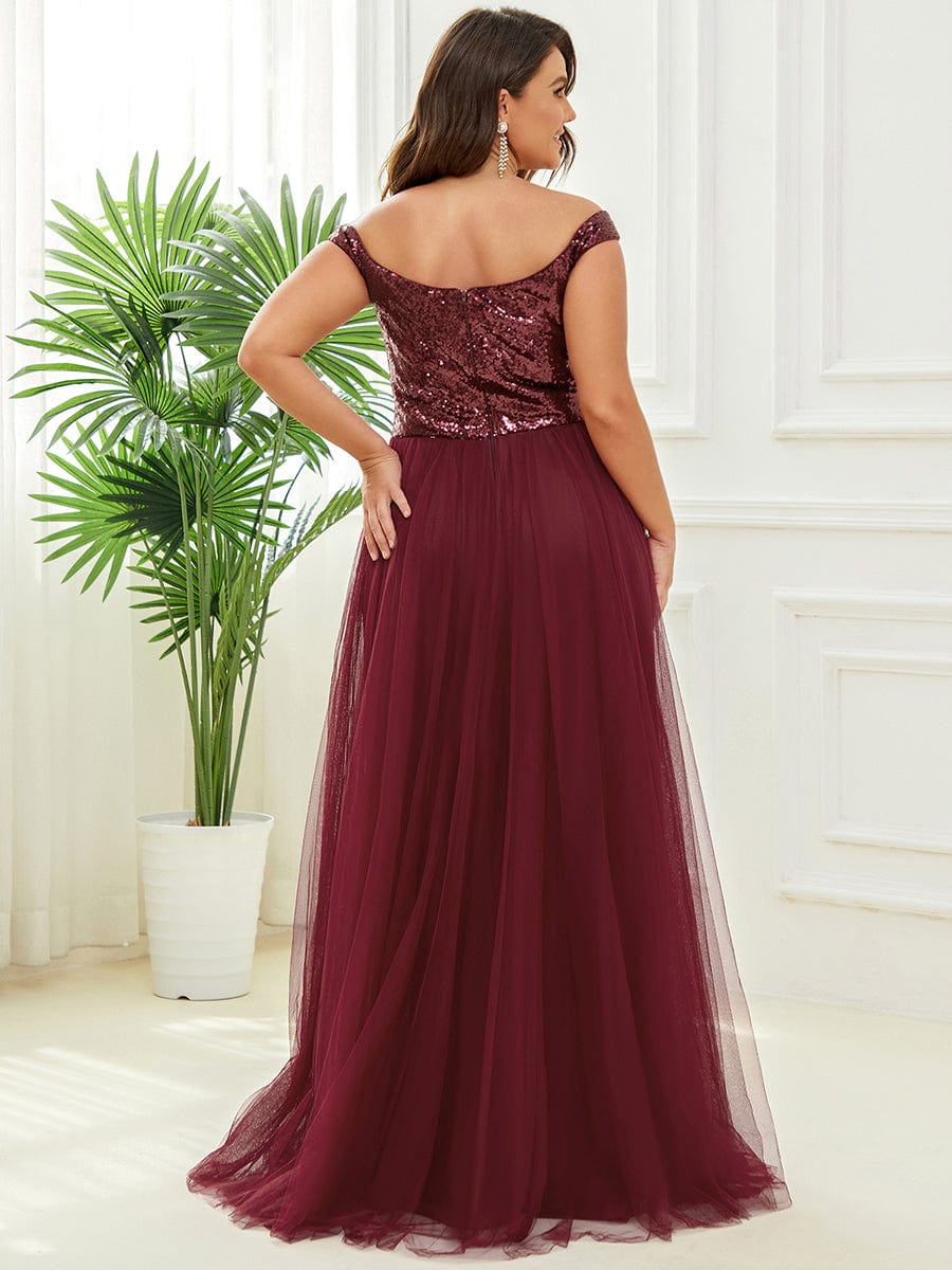 Plus Size Stunning High Waist Tulle & Sequin Sleeveless Evening Dress #color_Burgundy