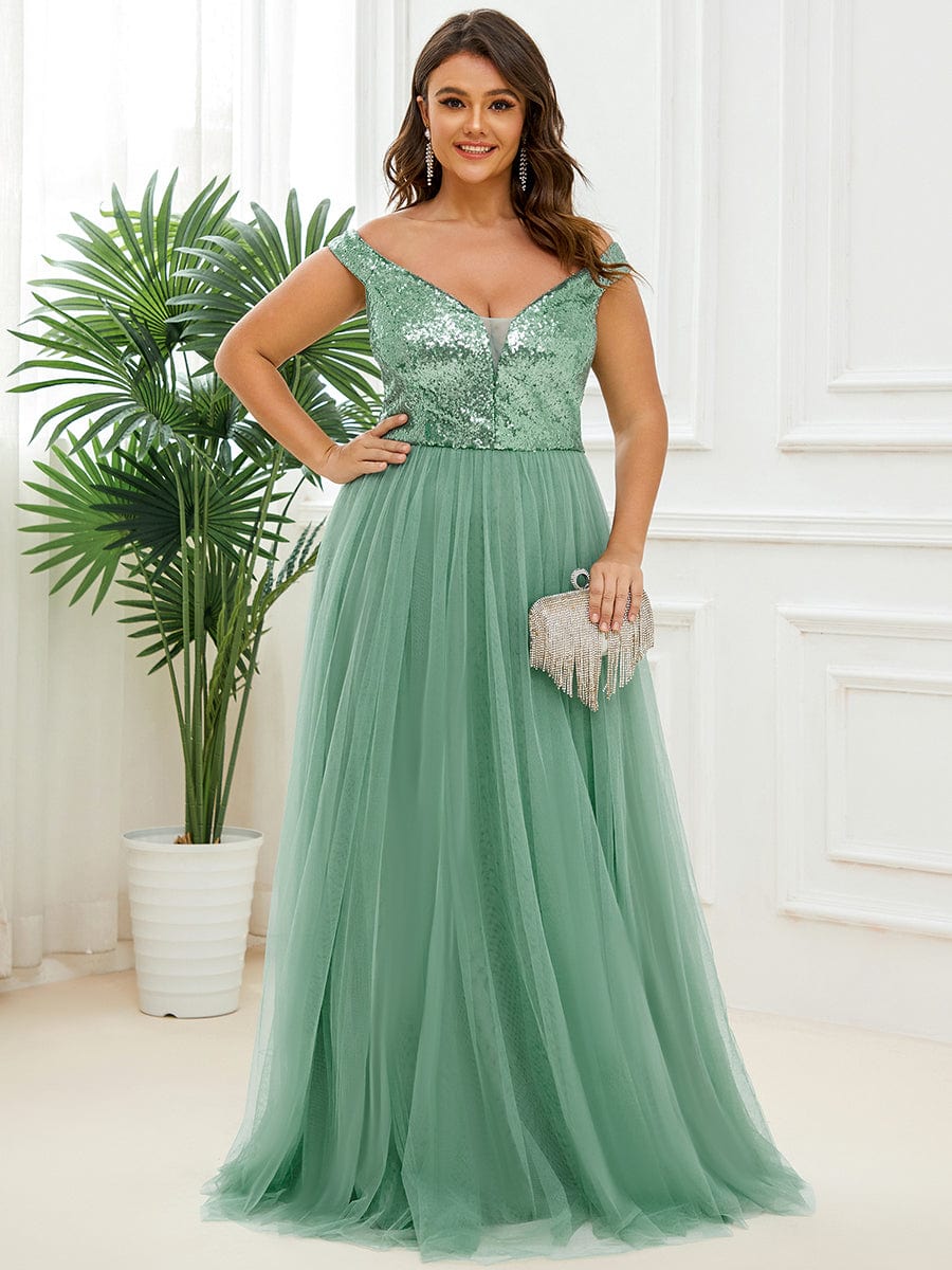 Plus Size Stunning High Waist Tulle & Sequin Sleeveless Evening Dress