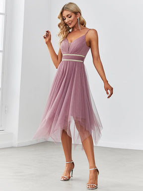 Sheer Deep V Midi Asymmetric Hem Evening Dress