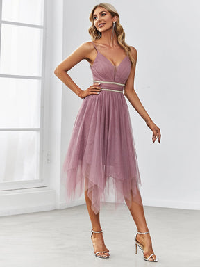 Sheer Deep V Midi Asymmetric Hem Evening Dress