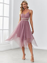 Sheer Deep V Midi Asymmetric Hem Evening Dress #color_Purple Orchid