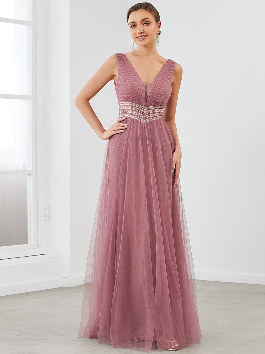Sleeveless V Neck Sequin Long Evening Dress #color_Purple Orchid