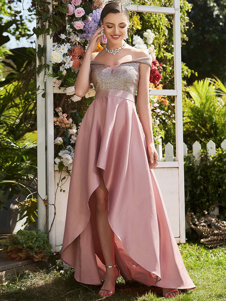 Off Shoulder Shimmer High Low Evening Dress #color_Purple Orchid