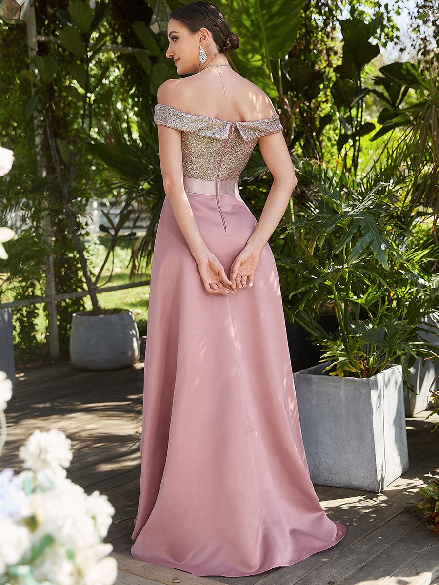 Off Shoulder Shimmer High Low Evening Dress #color_Purple Orchid