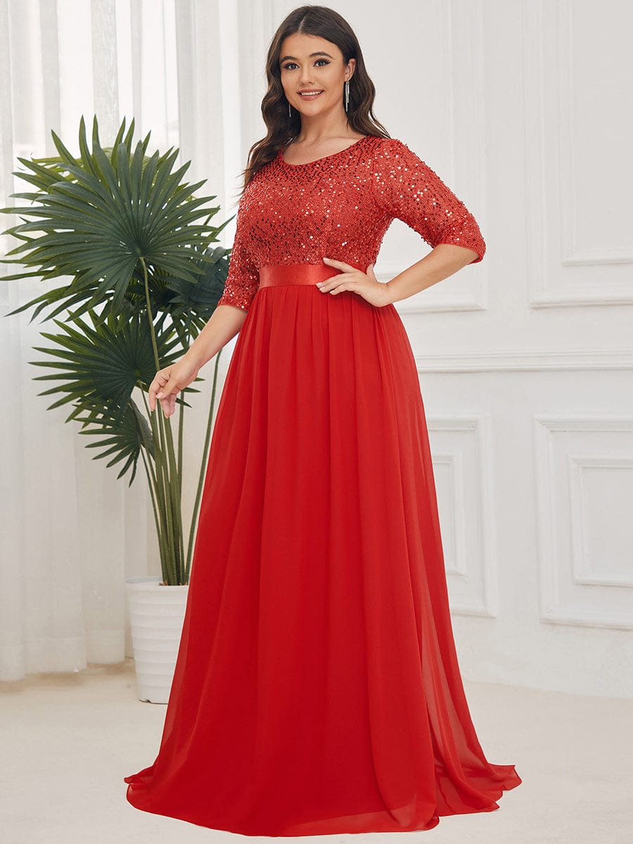 3/4 Sleeves Round Neck Sparkling Evening Dress With Sequin