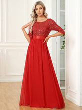 3/4 Sleeves Round Neck Sparkling Evening Dress With Sequin #color_Red