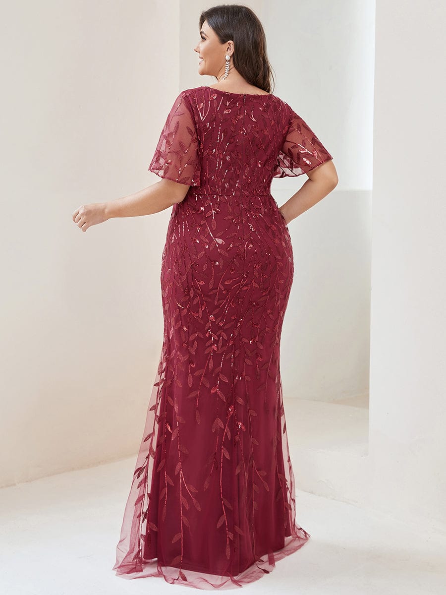 Fashion Plus Size V Neck Mermaid Sequin & Tulle Evening Dress #color_Burgundy