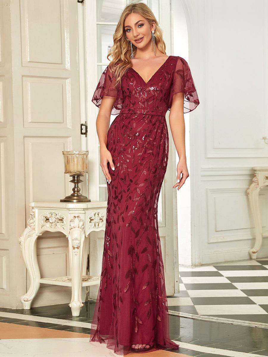 Gorgeous V Neck Leaf-Sequined Fishtail Party Dress #color_Burgundy