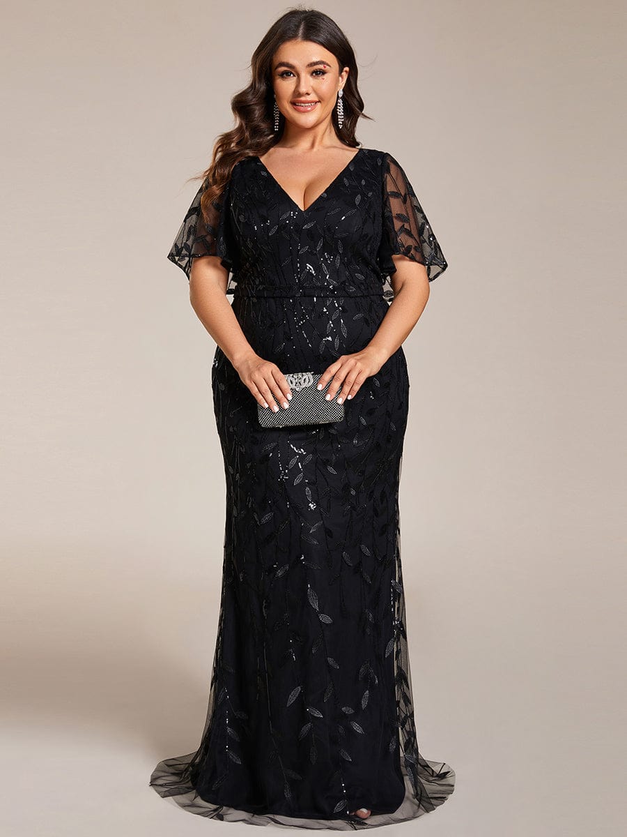 Fashion Plus Size V Neck Mermaid Sequin & Tulle Evening Dress #color_Black
