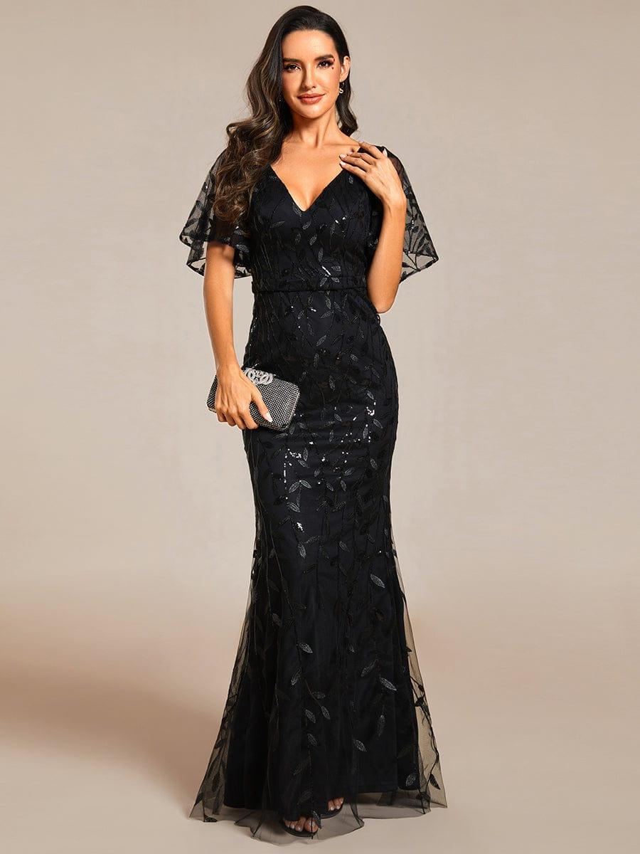 DIONE Gorgeous V Neck Leaf Sequined Fishtail Party Dress