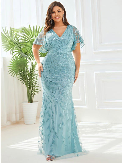 Fashion Plus Size V Neck Mermaid Sequin & Tulle Evening Dress #color_Light Teal