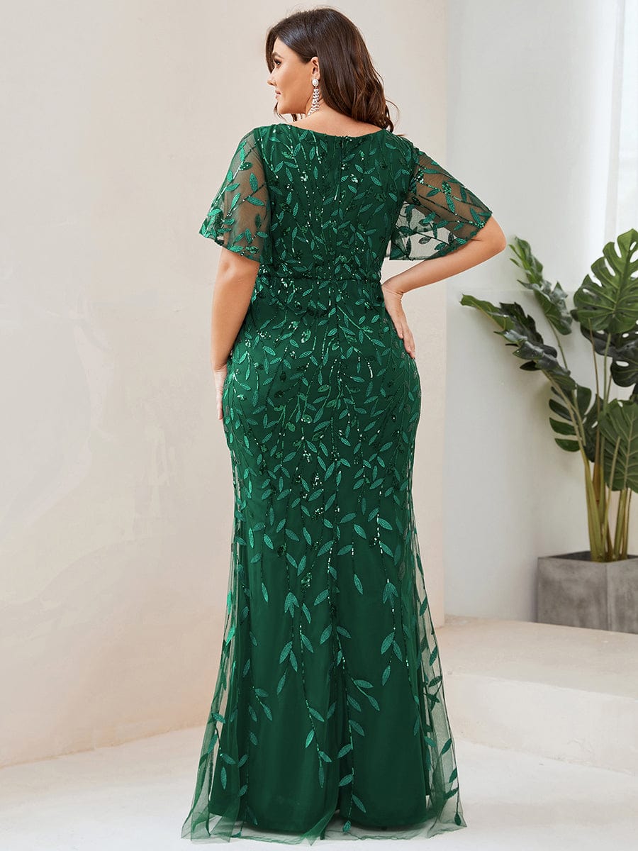 Fashion Plus Size V Neck Mermaid Sequin & Tulle Evening Dress #color_Dark Green