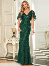 Gorgeous V Neck Leaf-Sequined Fishtail Party Dress #color_Dark Green
