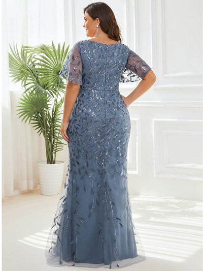 Fashion Plus Size V Neck Mermaid Sequin & Tulle Evening Dress #color_Dusty Blue