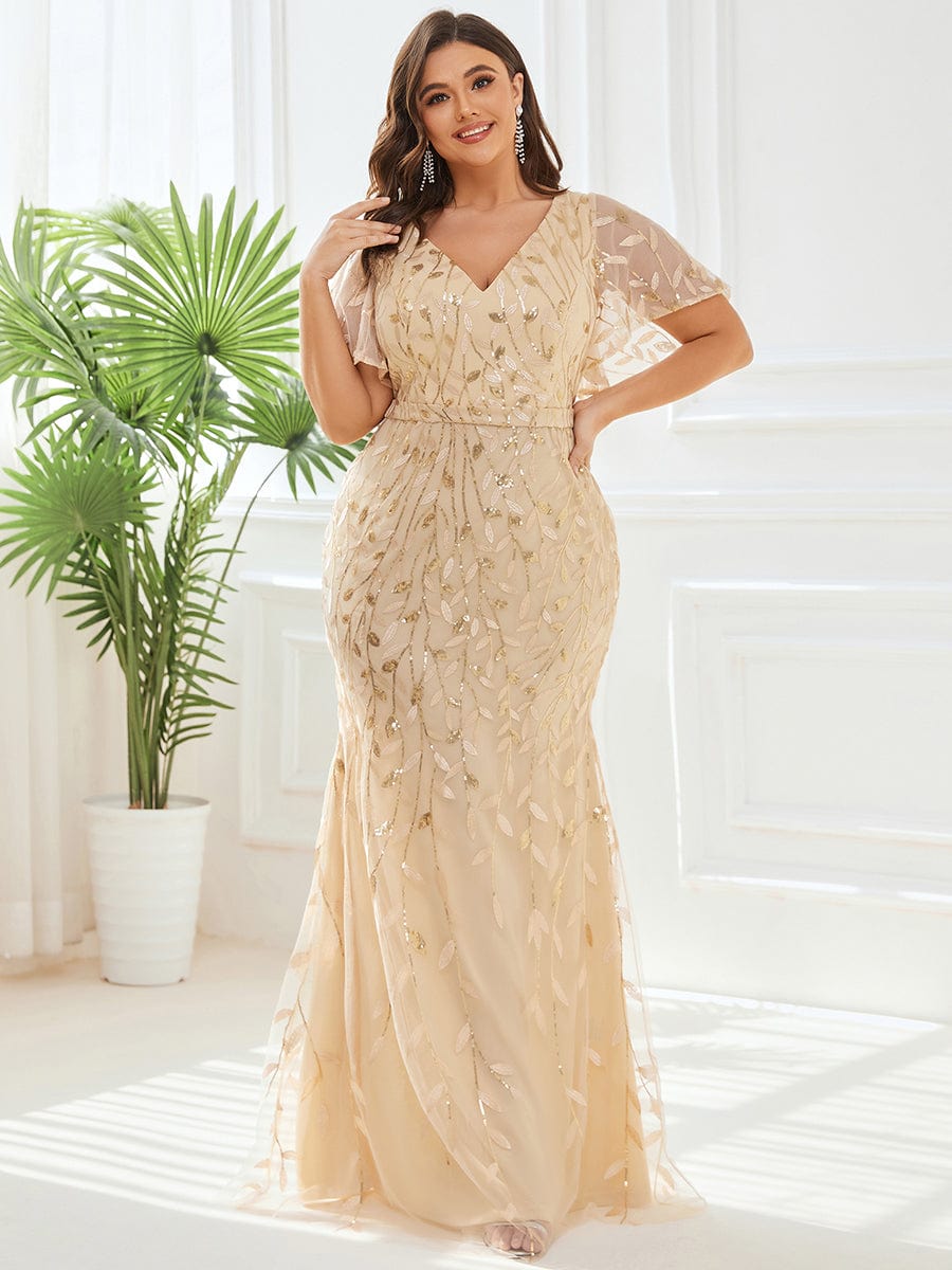 Fashion Plus Size V Neck Mermaid Sequin & Tulle Evening Dress #color_Gold