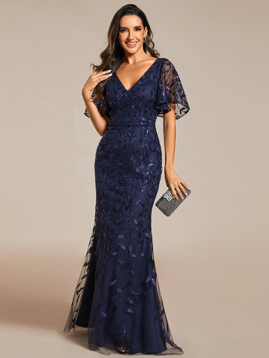 Gorgeous V Neck Leaf-Sequined Fishtail Party Dress