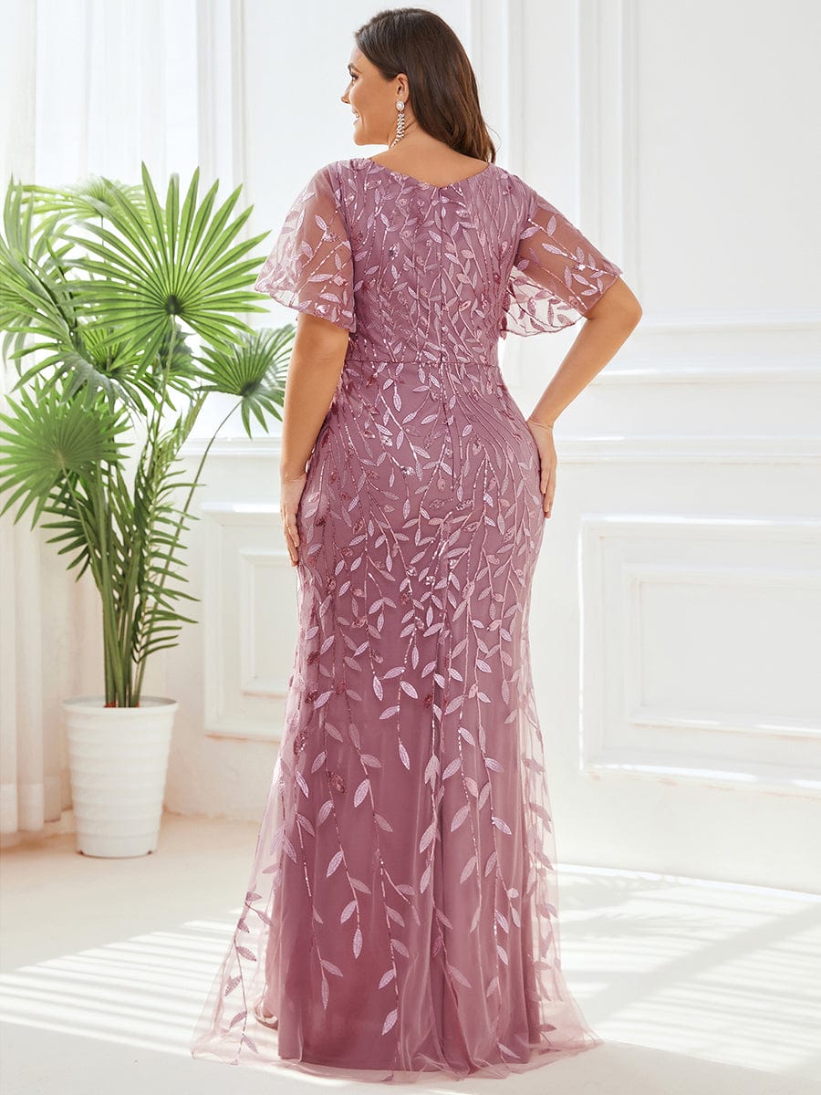 Gorgeous V Neck Leaf-Sequined Fishtail Party Dress