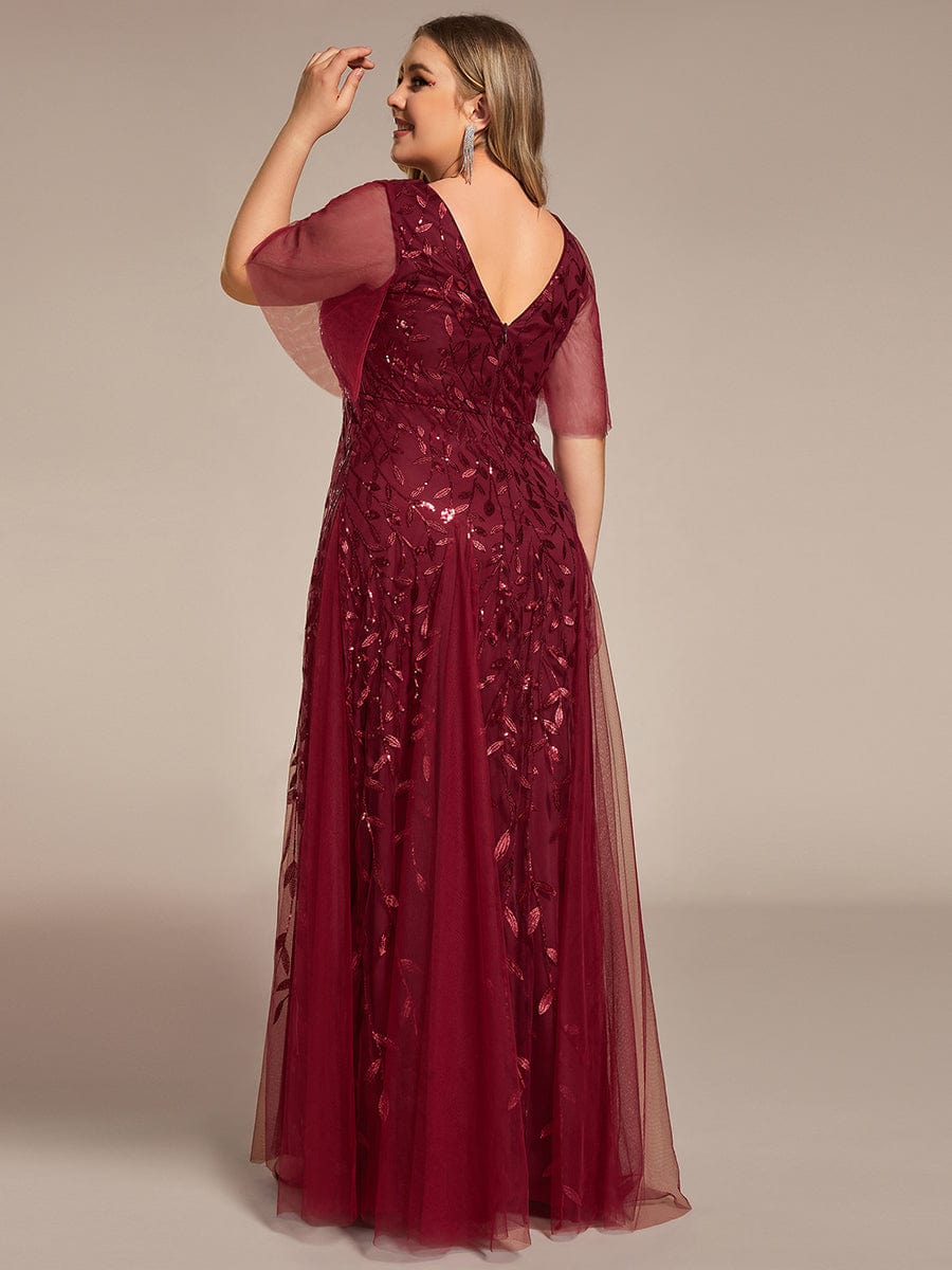 Plus Size romantic shimmery v neck ruffle sleeves evening gown #color_Burgundy
