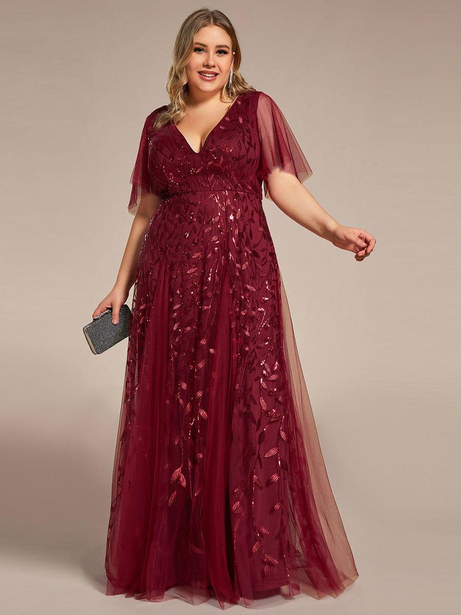 Plus Size Romantic Shimmery V Neck Ruffle Sleeves Evening Gown