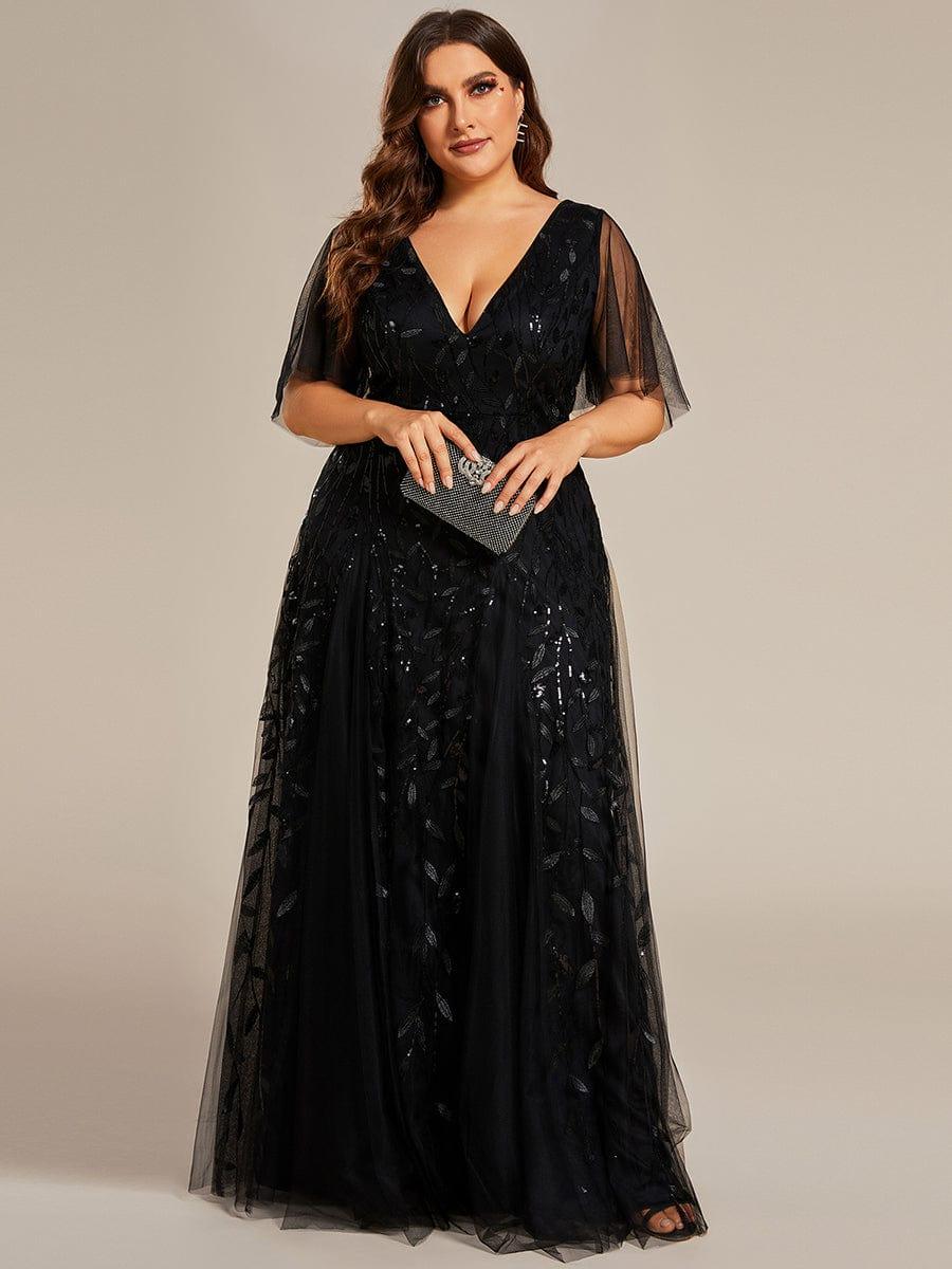 Plus Size Romantic Shimmery V Neck Ruffle Sleeves Evening Gown