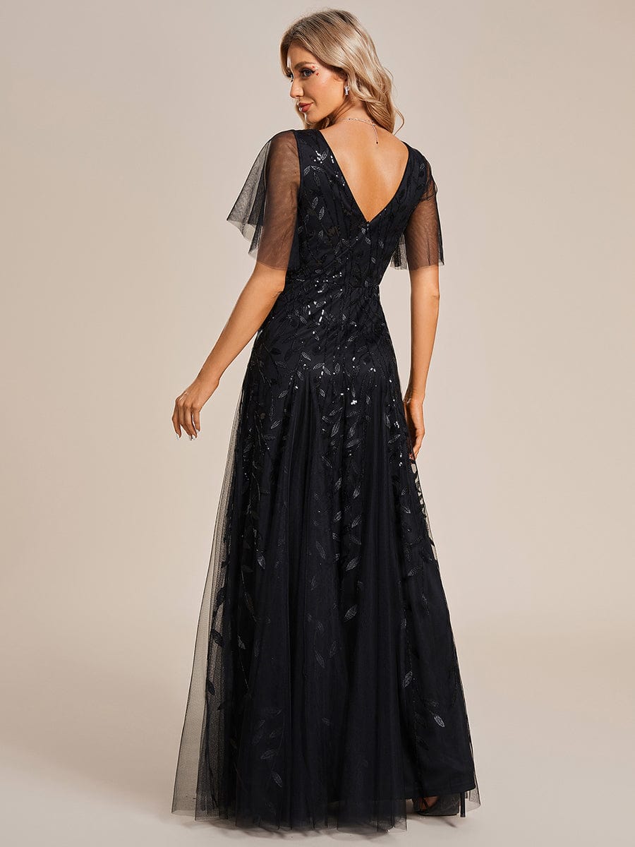 Romantic Shimmery V Neck Ruffle Sleeves Maxi Long Evening Gowns #color_Black