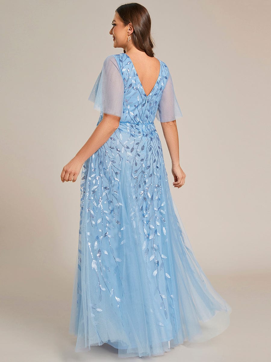 Plus Size Romantic Shimmery V Neck Ruffle Sleeves Evening Gown