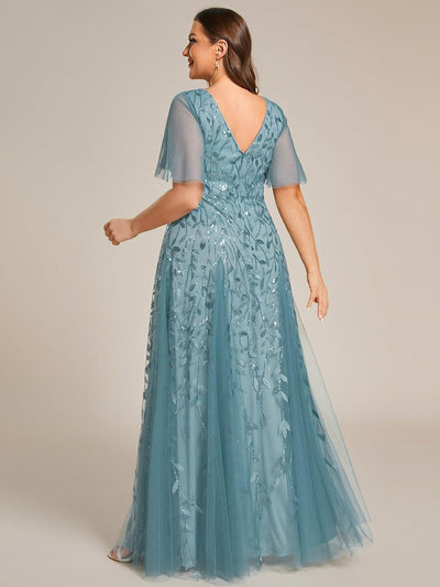 Plus Size romantic shimmery v neck ruffle sleeves evening gown #color_Light Teal