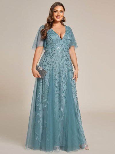 Plus Size romantic shimmery v neck ruffle sleeves evening gown #color_Light Teal