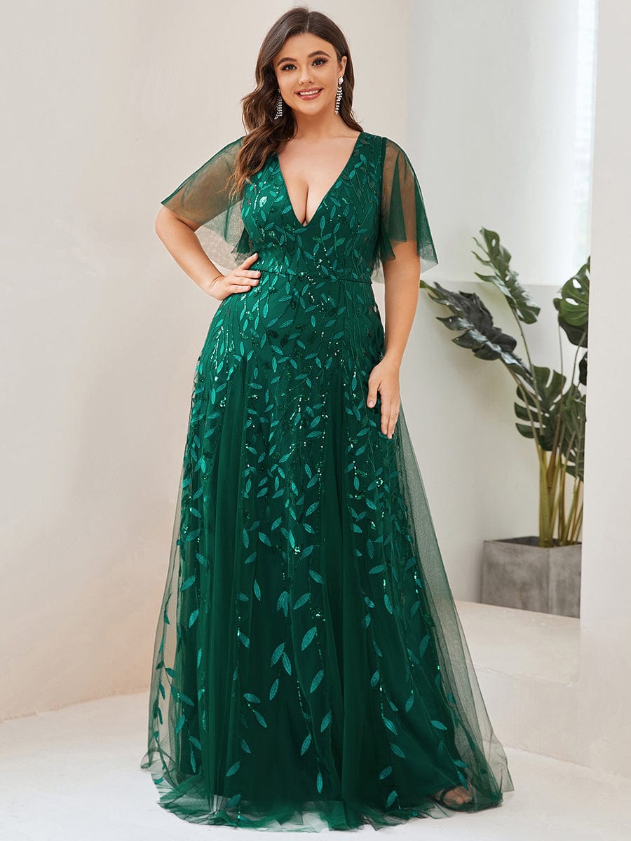 Plus Size romantic shimmery v neck ruffle sleeves evening gown #color_Dark Green