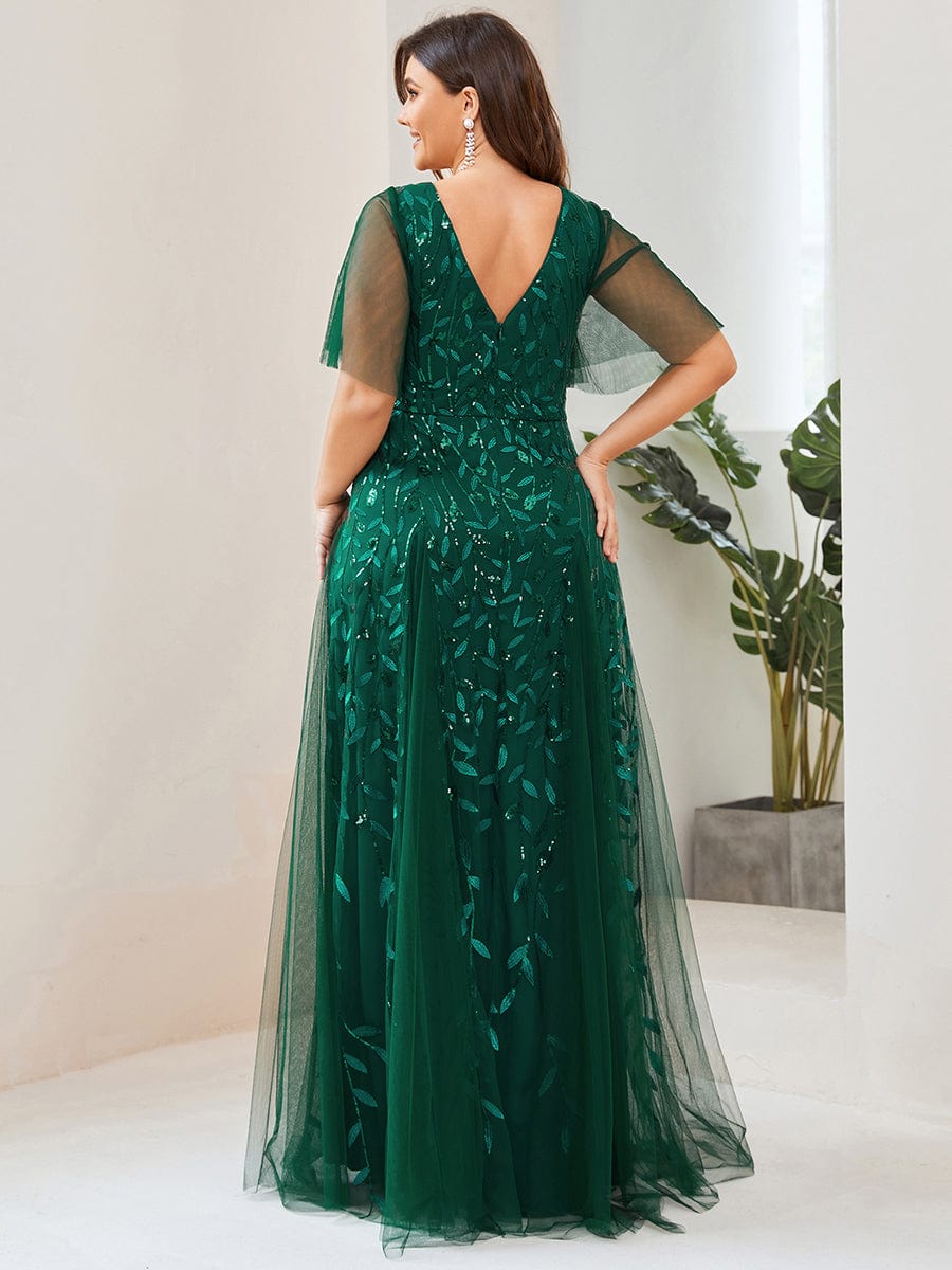 Plus Size romantic shimmery v neck ruffle sleeves evening gown #color_Dark Green