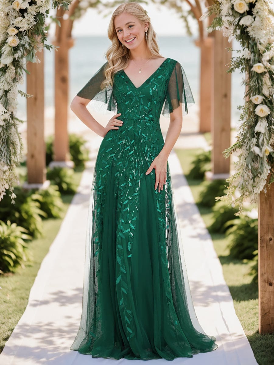 Stunning V Neck Long Wedding Guest Dress with Ruffle Sleeves #color_Dark Green