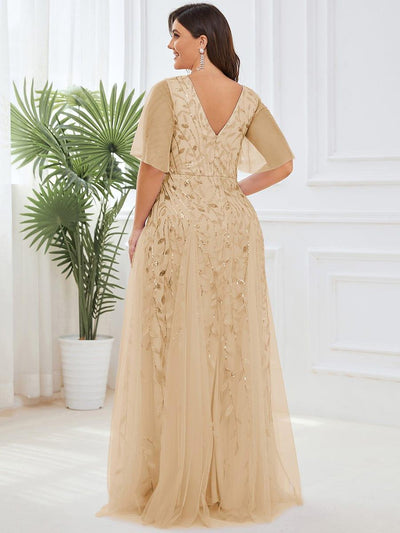 Plus Size romantic shimmery v neck ruffle sleeves evening gown #color_Gold