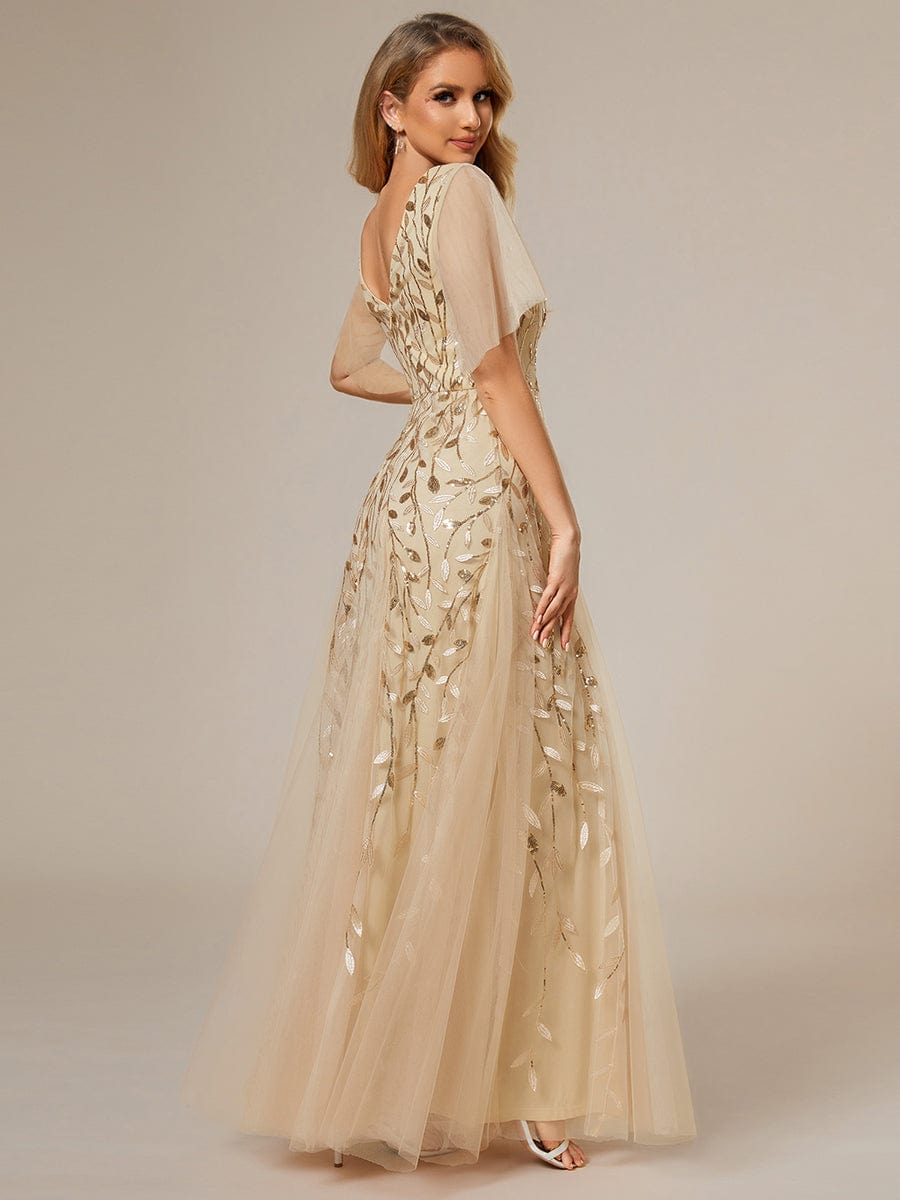 Stunning V Neck Long Wedding Guest Dress with Ruffle Sleeves