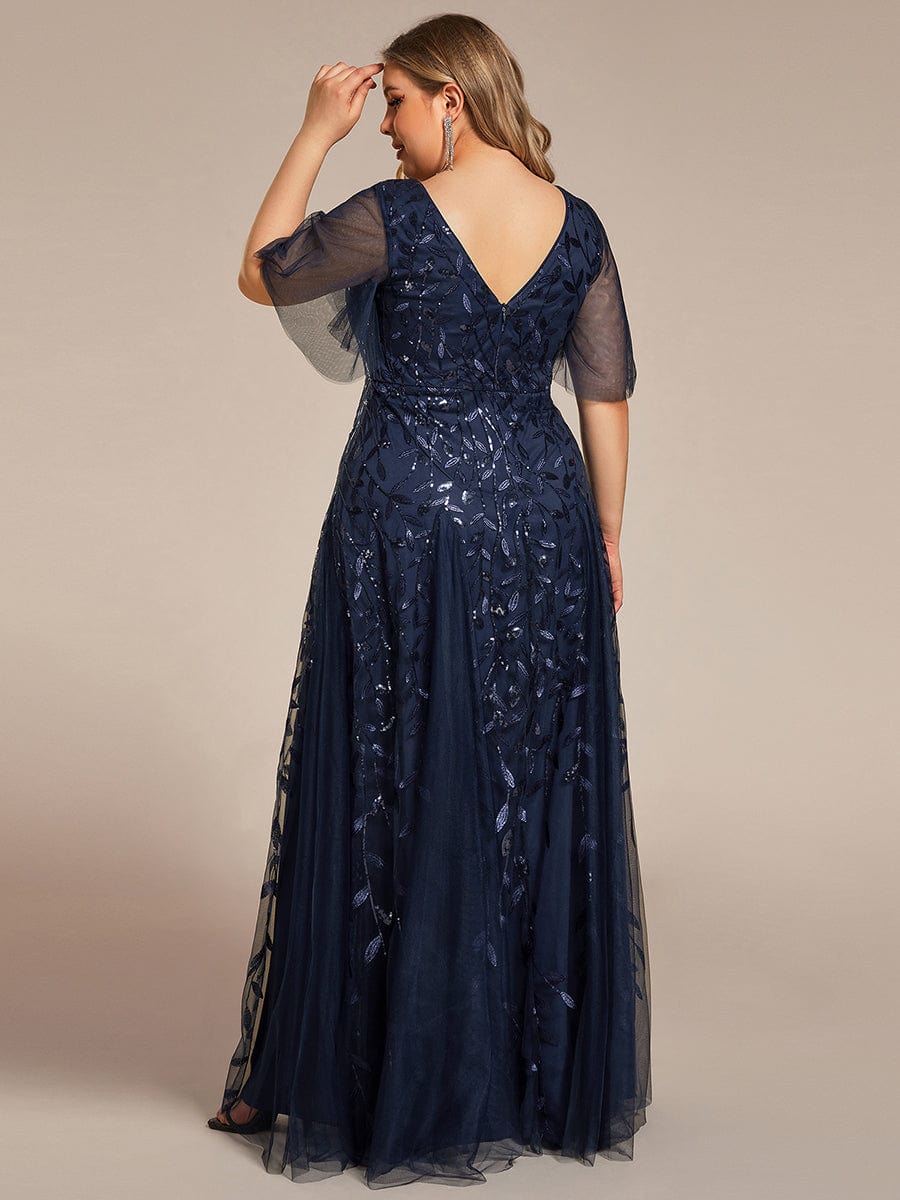 Plus Size romantic shimmery v neck ruffle sleeves evening gown #color_Navy Blue