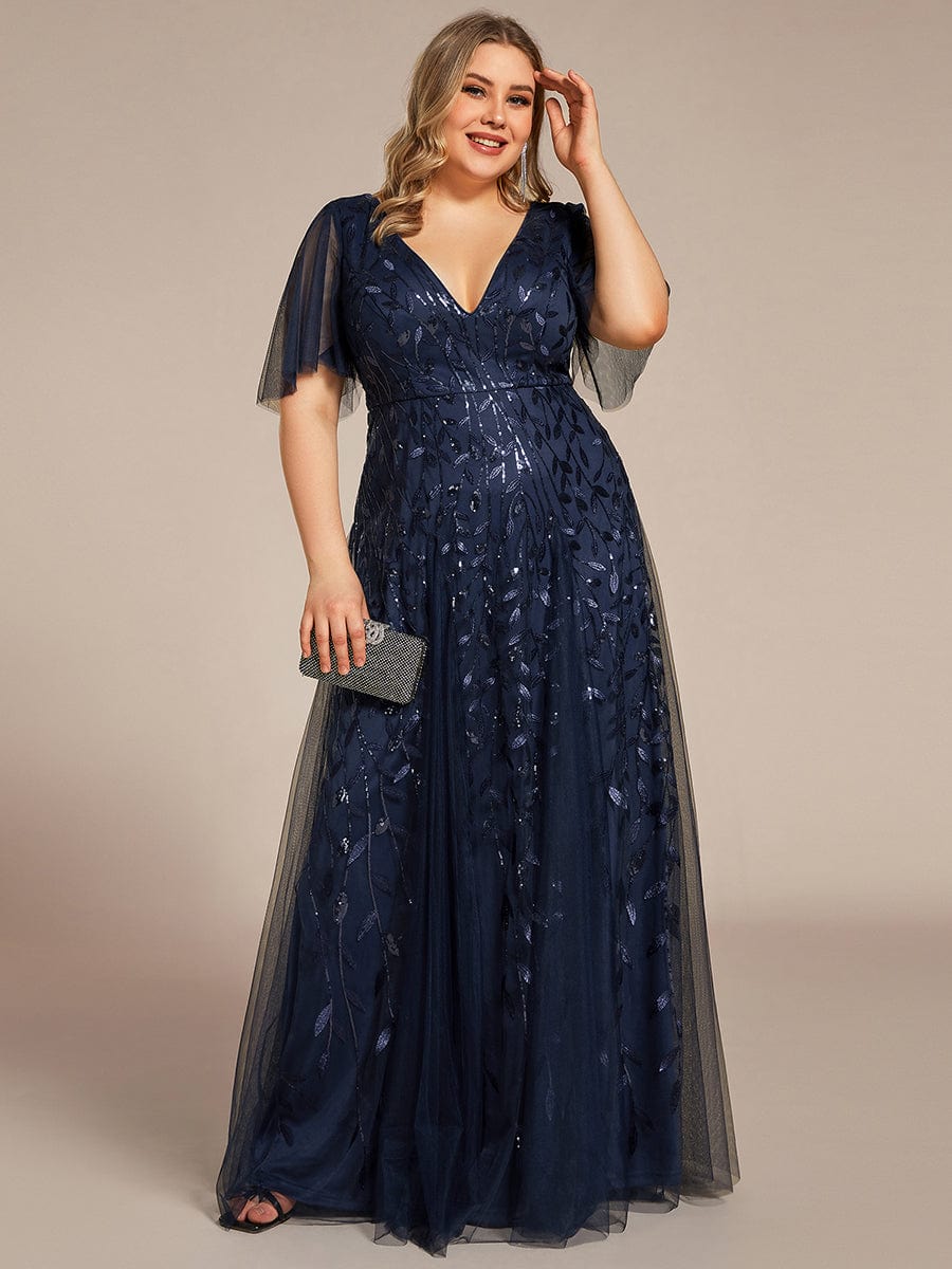 Plus Size romantic shimmery v neck ruffle sleeves evening gown #color_Navy Blue