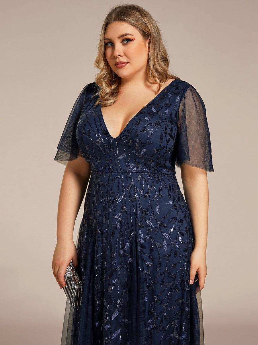 Plus Size Romantic Shimmery V Neck Ruffle Sleeves Evening Gown