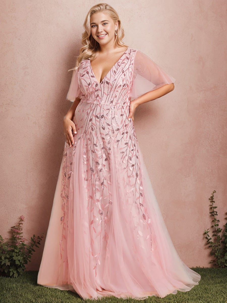 Plus Size romantic shimmery v neck ruffle sleeves evening gown #color_Pink