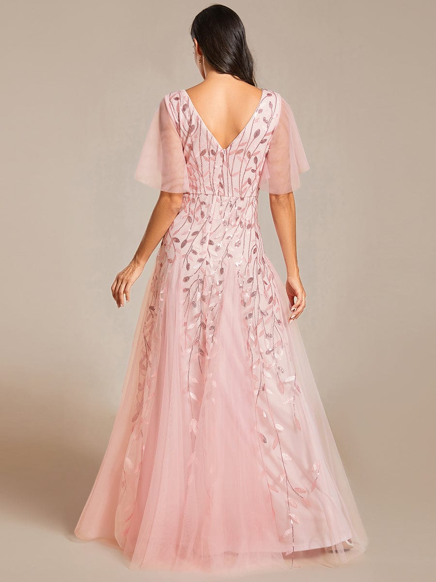 Romantic Shimmery V Neck Ruffle Sleeves Maxi Long Evening Gowns #color_Pink