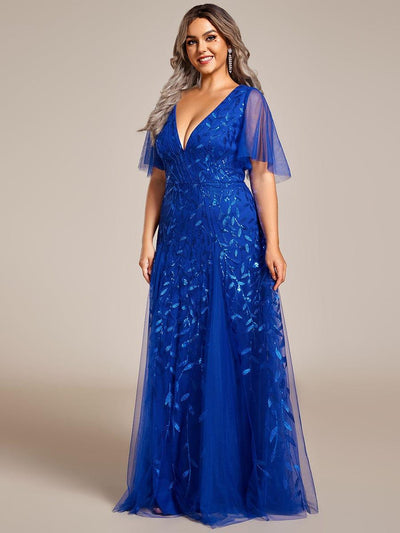 Plus Size romantic shimmery v neck ruffle sleeves evening gown #color_Sapphire Blue