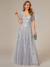 Stunning V Neck Long Wedding Guest Dress with Ruffle Sleeves #color_Silver
