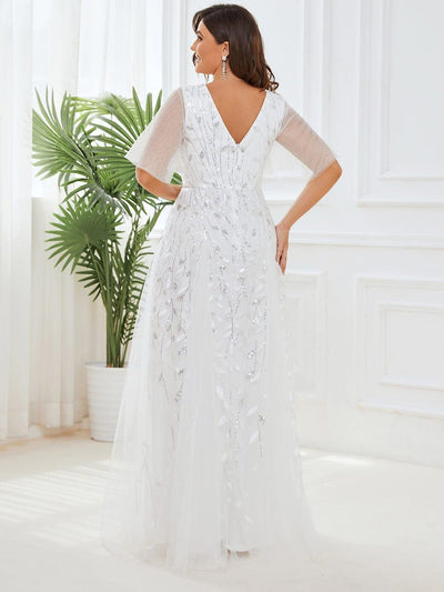 Plus Size romantic shimmery v neck ruffle sleeves evening gown #color_White