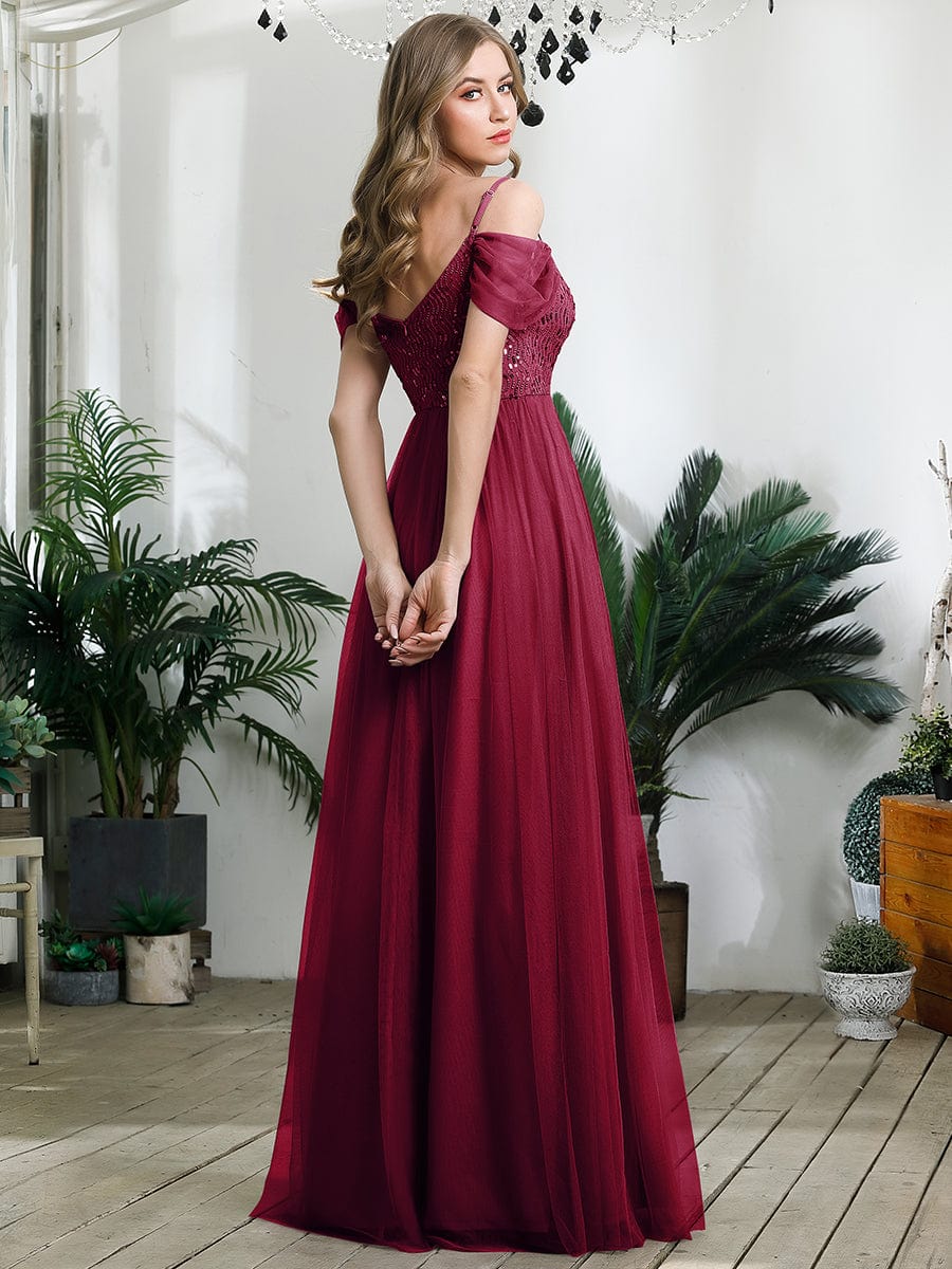 Custom Size Sequin Bodice Cold Shoulder Floor Length Tulle Bridesmaid Dress #color_Burgundy