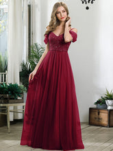 A-Line Sweetheart Neckline Ruffle Sleeve Tulle Bridesmaid Dress With Sequin #color_Burgundy
