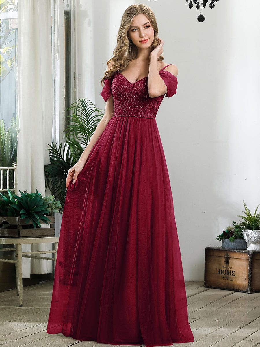 A-Line Sweetheart Neckline Ruffle Sleeve Tulle Bridesmaid Dress With Sequin