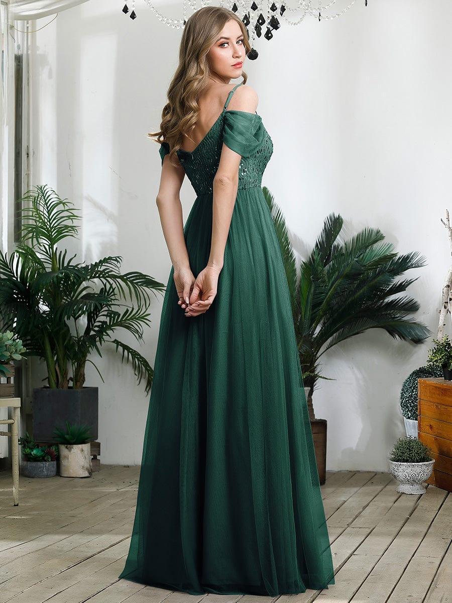 A-Line Sweetheart Neckline Ruffle Sleeve Tulle Bridesmaid Dress With Sequin #color_Dark Green