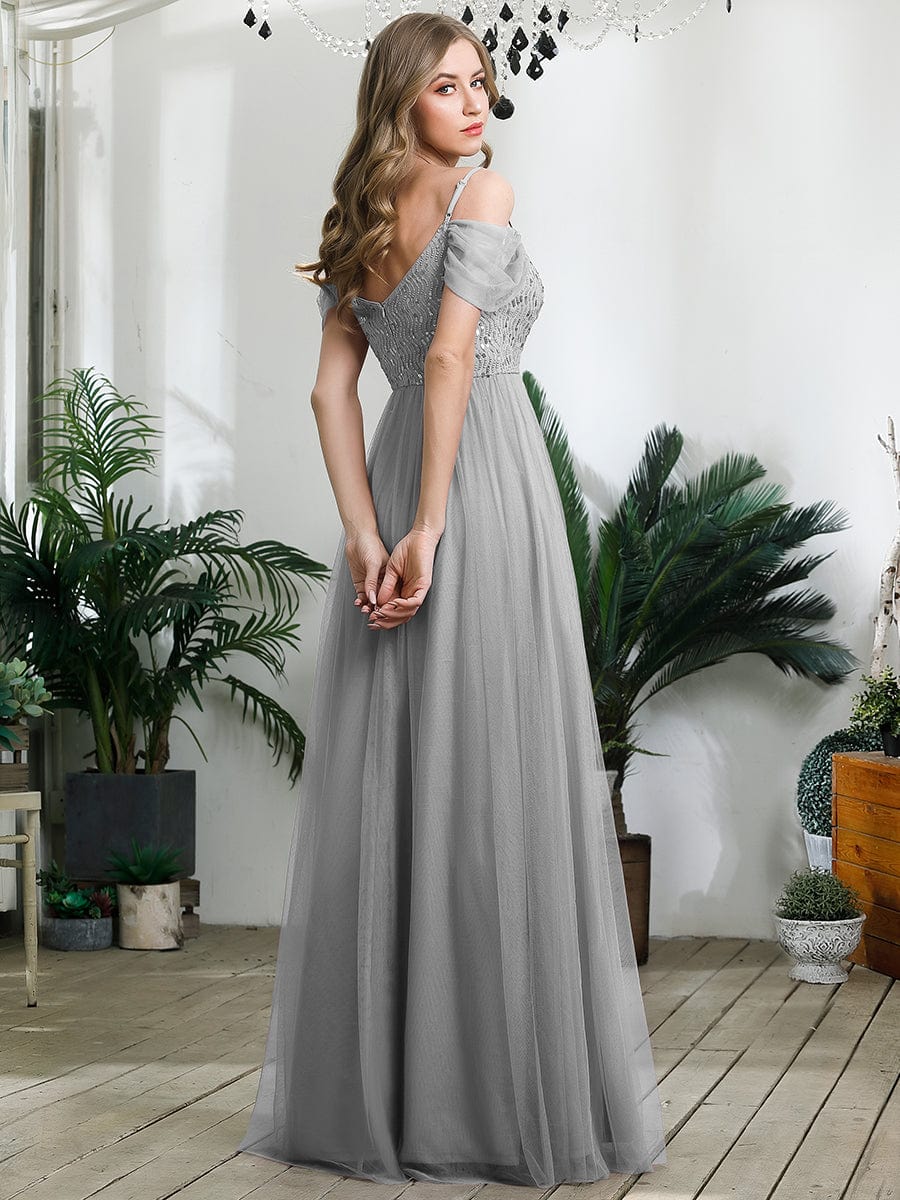 A-Line Sweetheart Neckline Ruffle Sleeve Tulle Bridesmaid Dress With Sequin #color_Grey