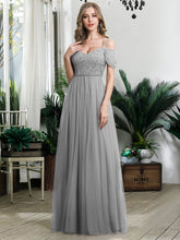 A-Line Sweetheart Neckline Ruffle Sleeve Tulle Bridesmaid Dress With Sequin #color_Grey