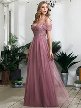 A-Line Sweetheart Neckline Ruffle Sleeve Tulle Bridesmaid Dress With Sequin #color_Purple Orchid