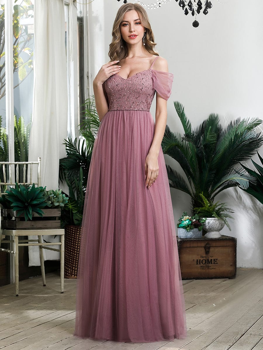 Custom Size Sequin Bodice Cold Shoulder Floor Length Tulle Bridesmaid Dress